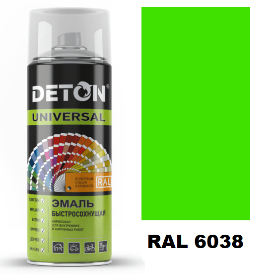 Краска флуоресцентная RAL 6038 DETON Universal аэрозольная акриловая зеленый 520 мл.